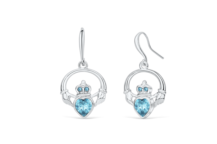 Claddagh Ring Earrings with Aquamarine Blue Crystal